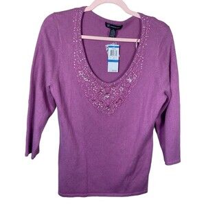INC International Concepts Pink Sweater Beaded V‎ Neck Silk Blend Womens SZ XL